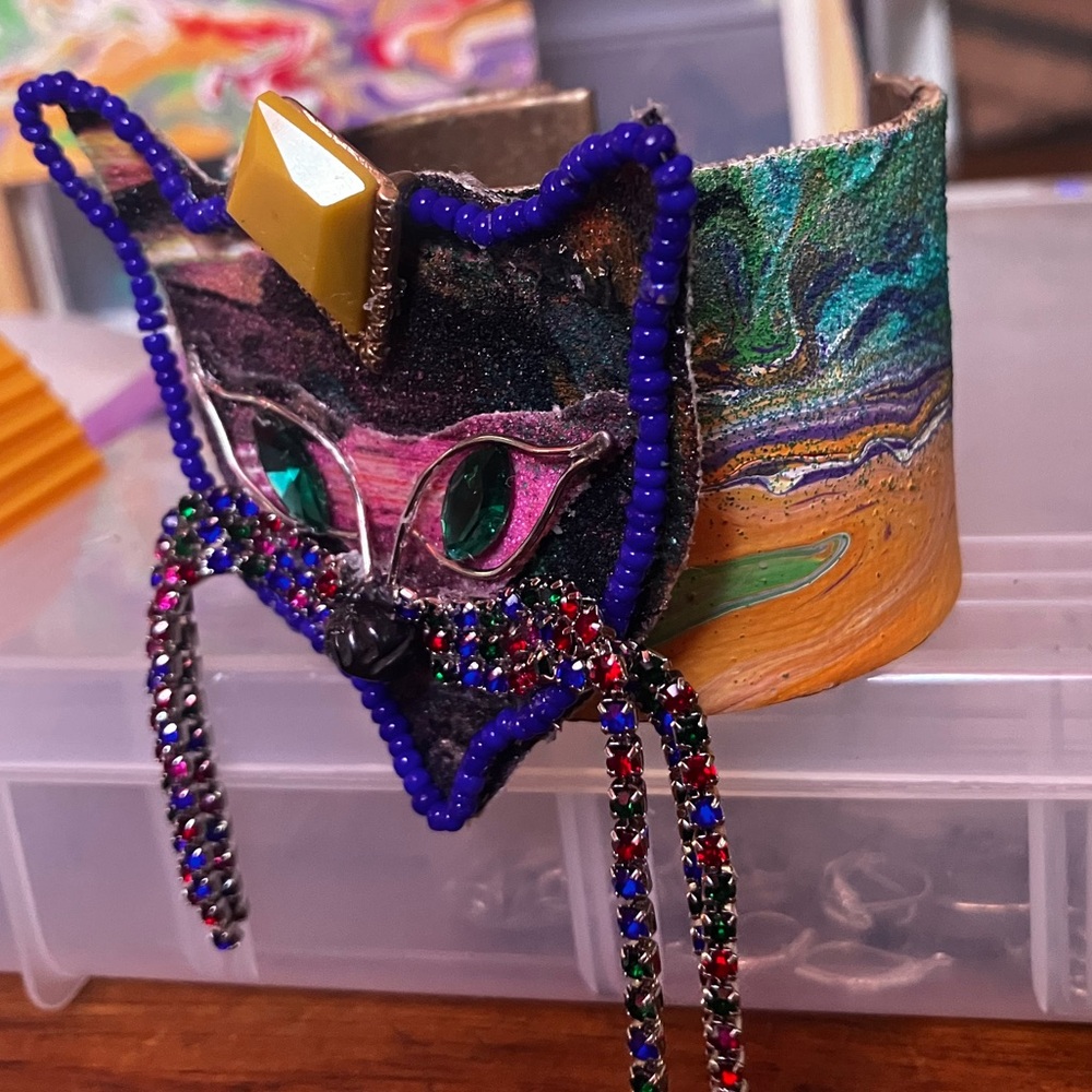 Handmade Mardi Gras Colorful Beaded Cat Face Mask Cuff Bracelet